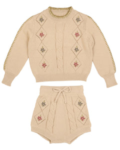 Embroidered floral knit baby set - Cream BBK425