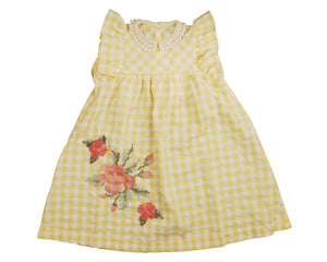 Gingham seersucker jumper with big cross stitch flower embroidery - Pale yellow BDR532