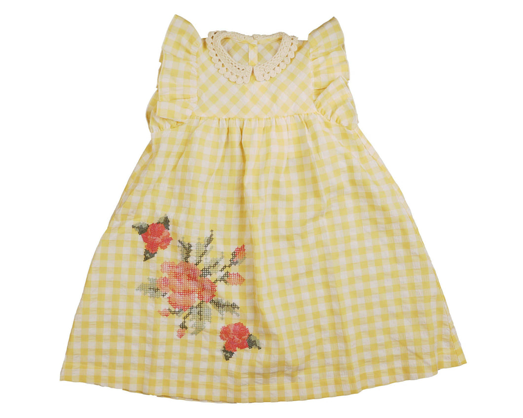 Gingham seersucker jumper with big cross stitch flower embroidery - Pale yellow BDR532