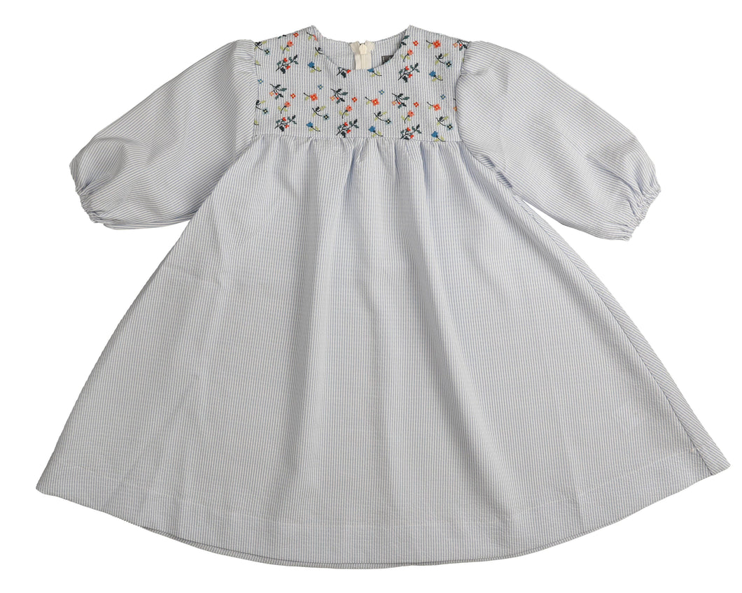 Embroidered round yoke dress with rick rack trims - Light blue BDR533
