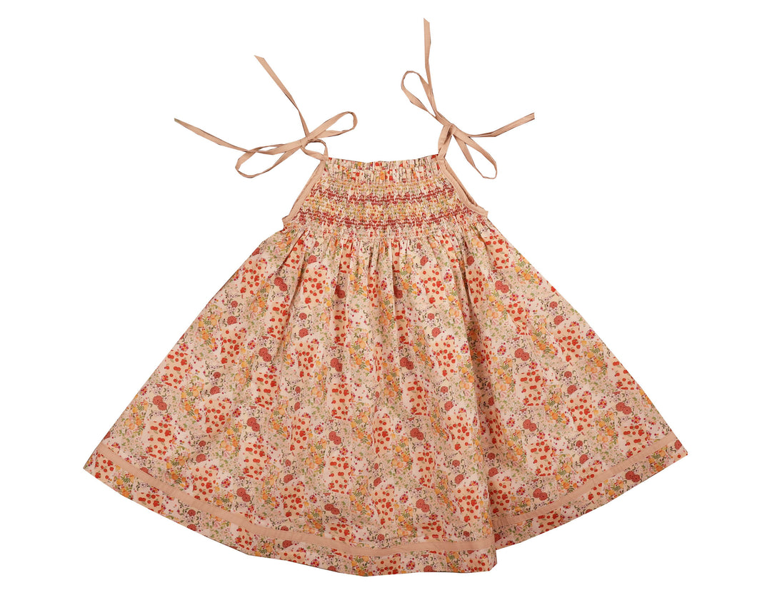 Shoulder tie spaghetti straps dress with triple colors embroidered smock - Pink BDR534