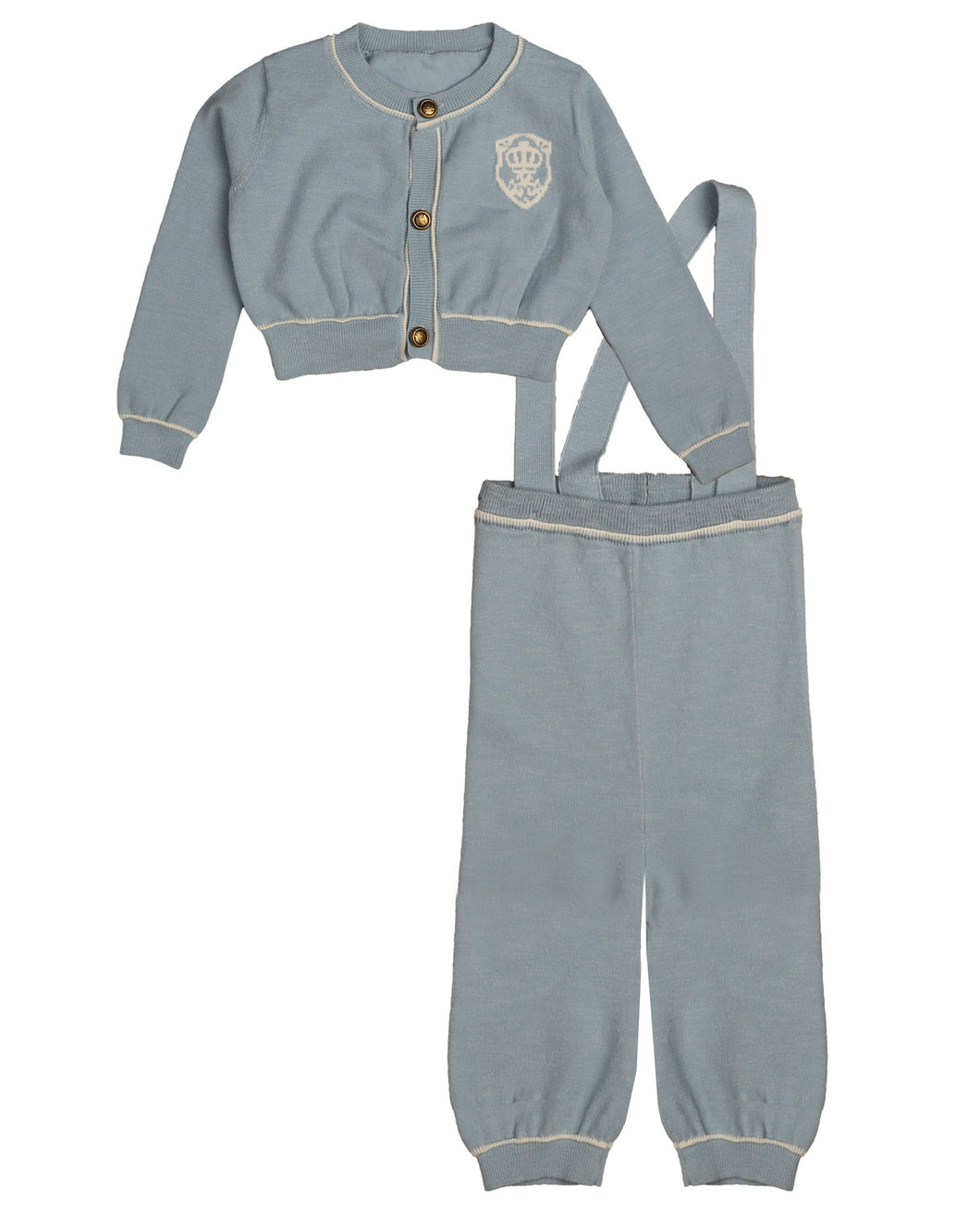 Slub long baby set with contrast binding and embroidered emblem - powder blue BKN553