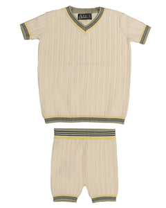 Textured v-neck knit set with triple color trim detail - Green BKN556