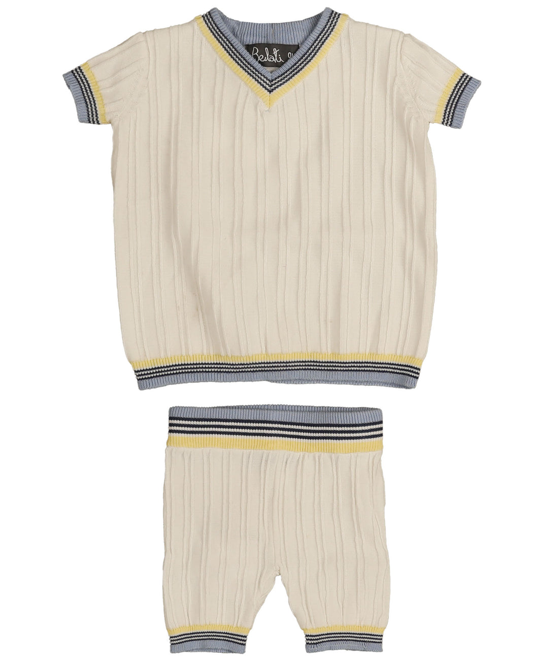 Textured v-neck knit set with triple color trim detail - Light blue BKN556
