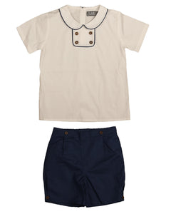 Contrast binding peter pan collar and bib shirt and shorts set - Navy BSE575