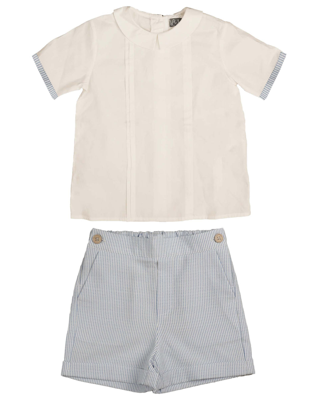 Contrast trims shirt with tucks and shorts set - Light blue BSE576