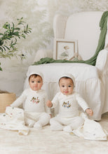 Load image into Gallery viewer, Berry Harvest Footie &amp; Hat Set - Ivory and blue
