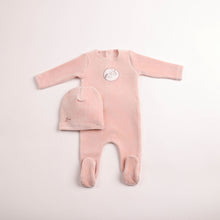 Load image into Gallery viewer, Birdie branch velour footie and beanie - Dusty pink
