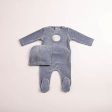 Load image into Gallery viewer, Birdie branch velour footie and beanie - Indigo
