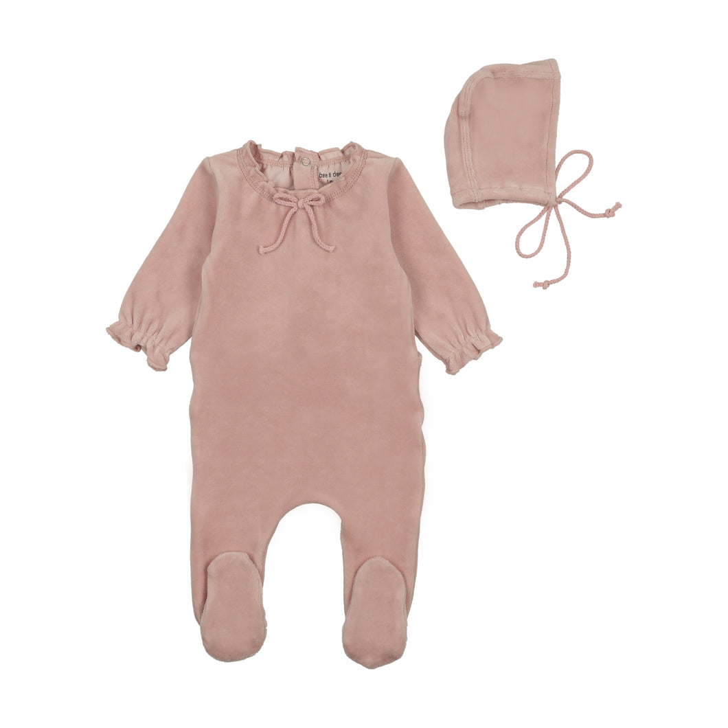 Bow neck velour layette set - tea rose