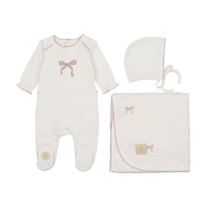Bows and kisses layette set - ivory and pink