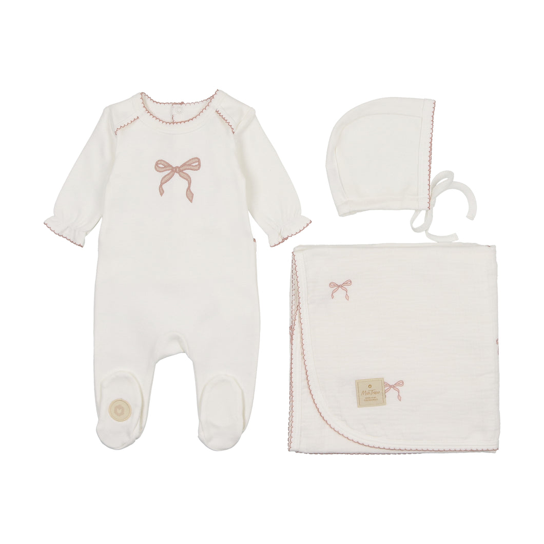 Bows and kisses layette set - ivory and pink