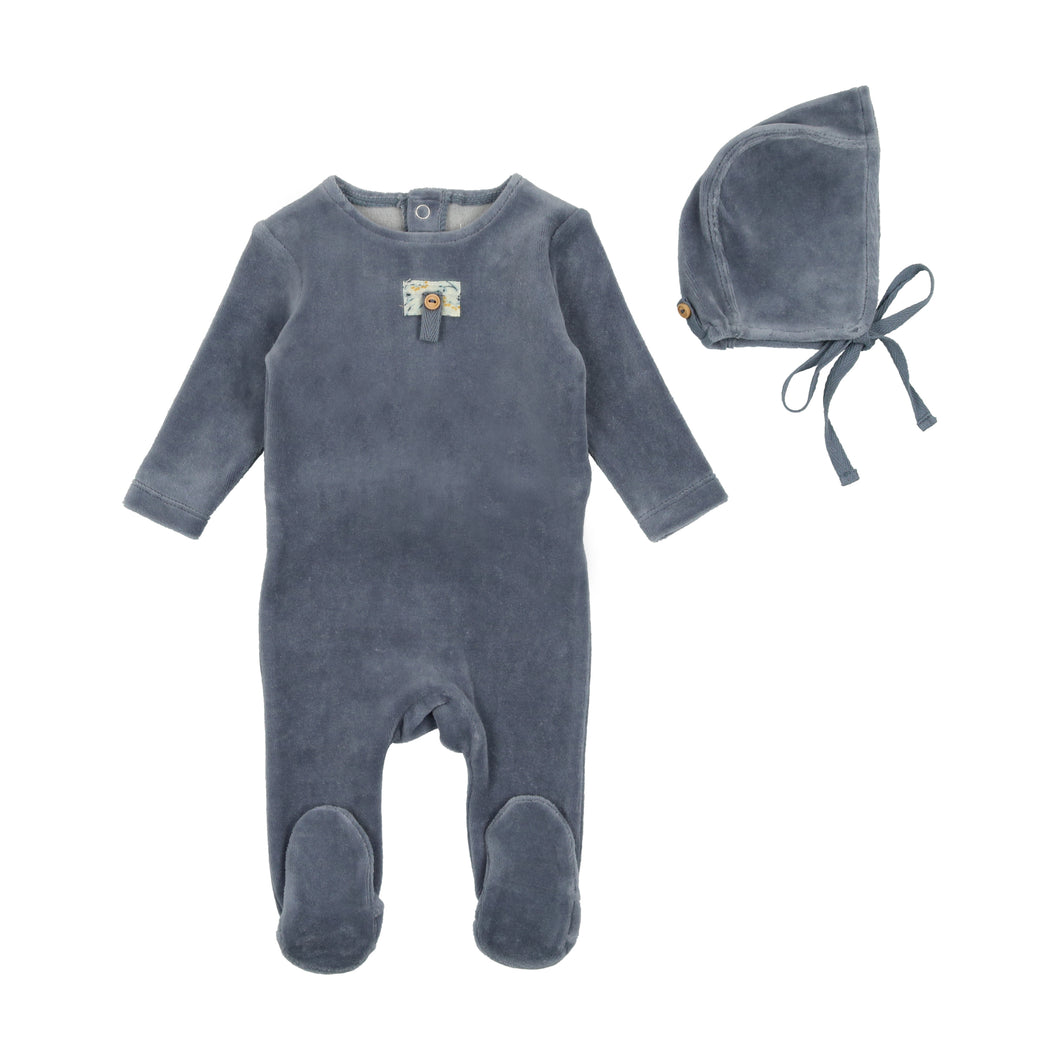 Button applique velour footie with bonnet - storm blue