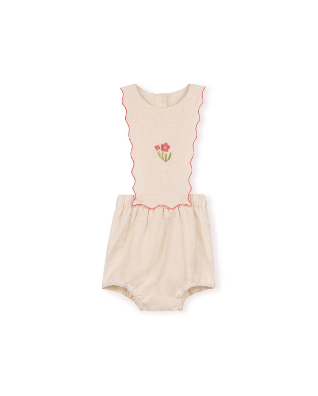 Apron linen scallop trim romper - Cream