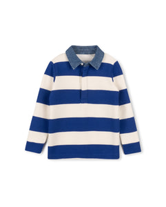 Pier denim collar long sleeve striped polo - royal