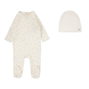Cherry print footie set - Cream/blue