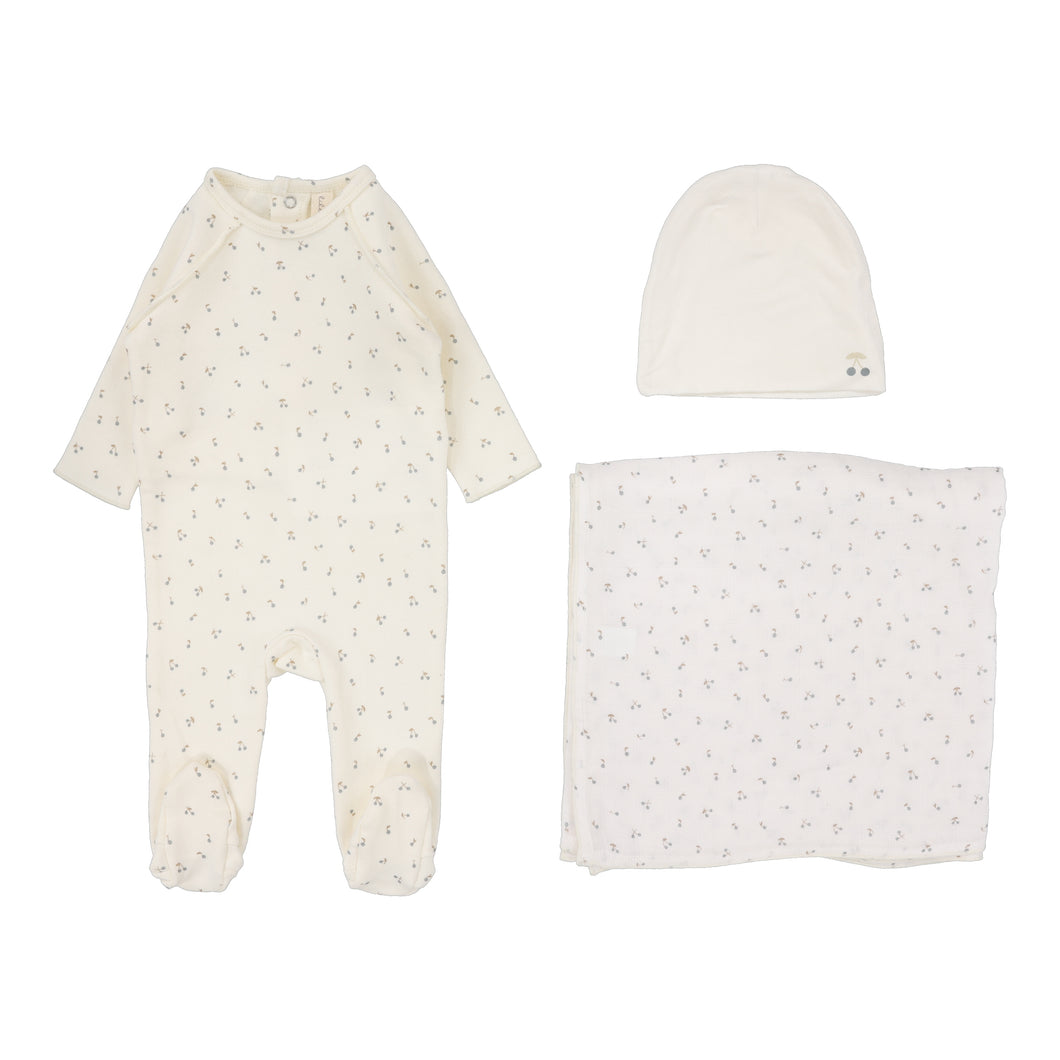 Cherry print layette set - Cream/blue