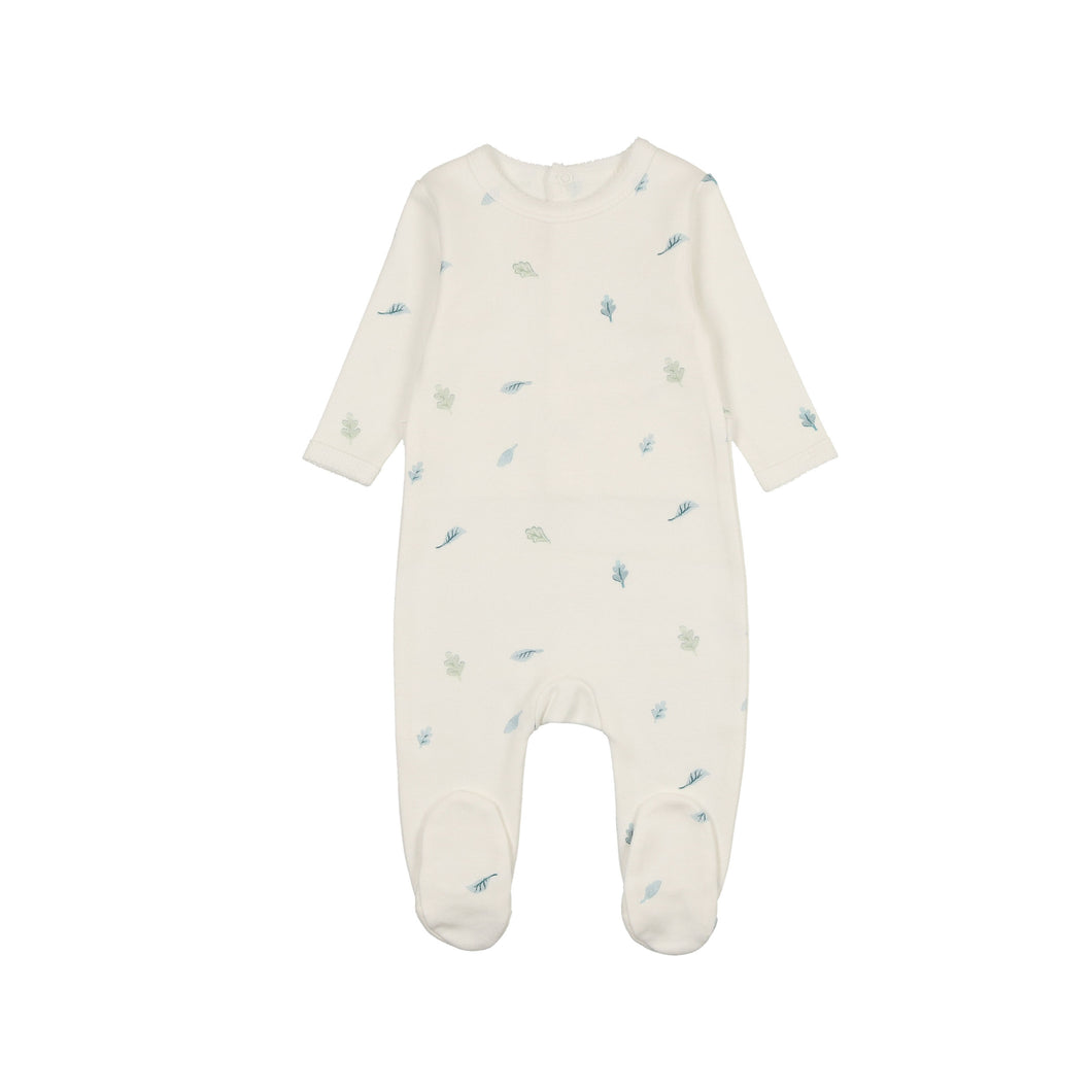 Cascade of leaves footie - ivory and blue