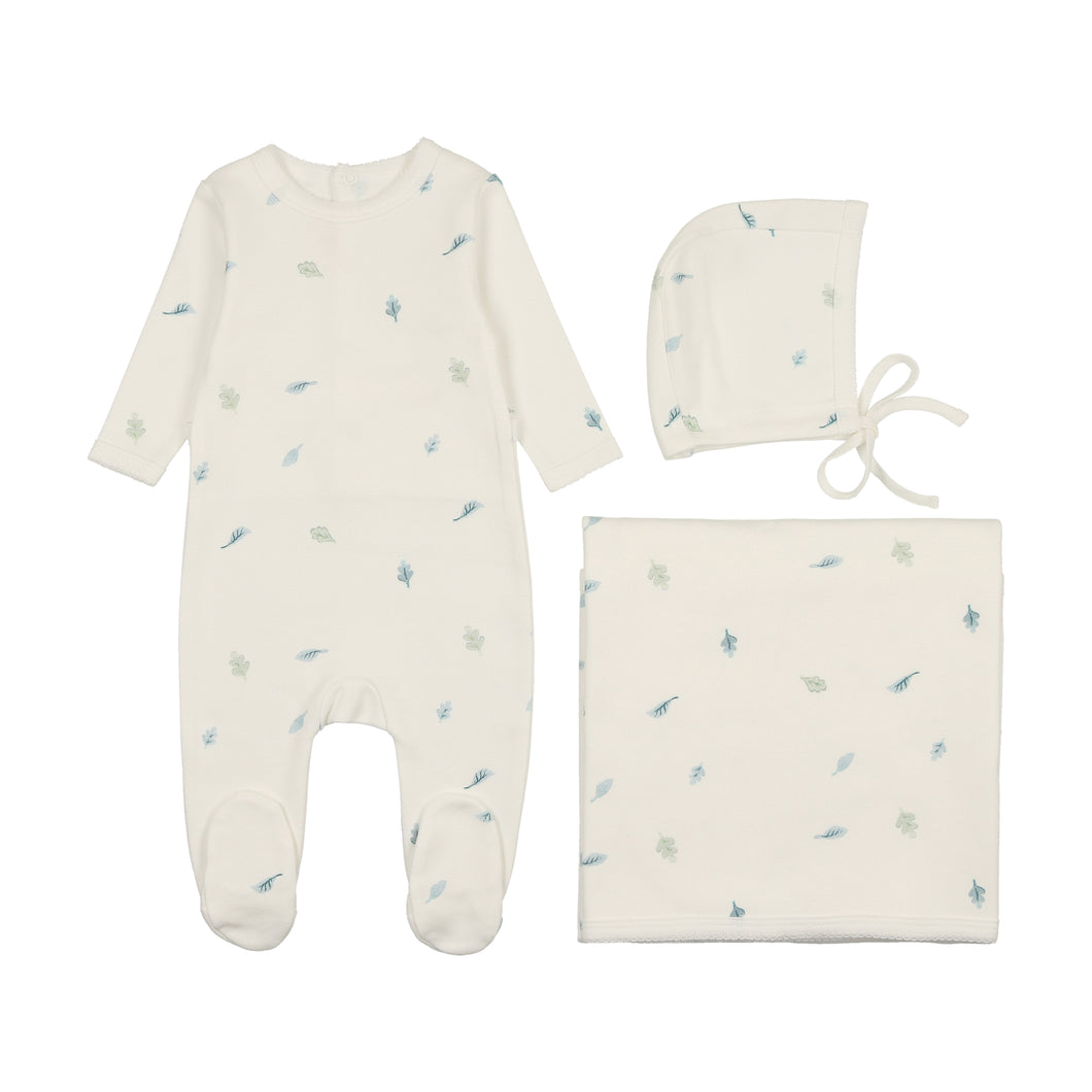 Cascade of leaves layette set - Ivory and blue