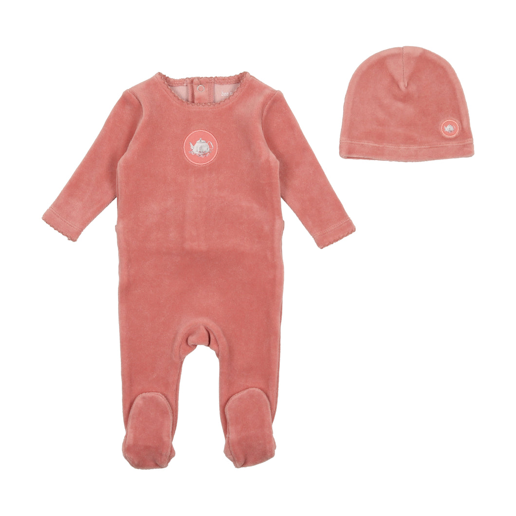 Center print velour footie with beanie - Grapefruit