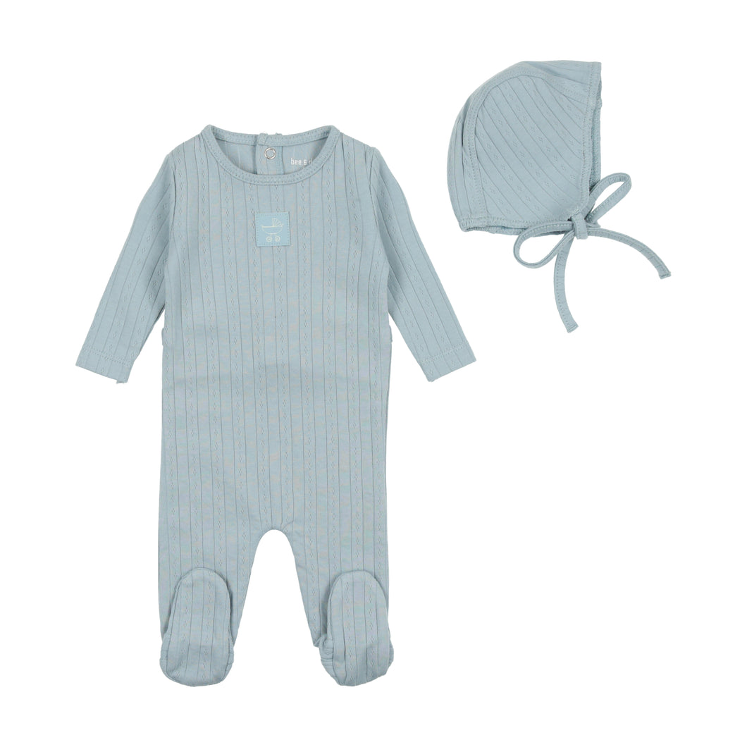 Classic pointelle footie with bonnet - Blue fog