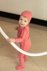 Classic ribbed footie and beanie - bright coral