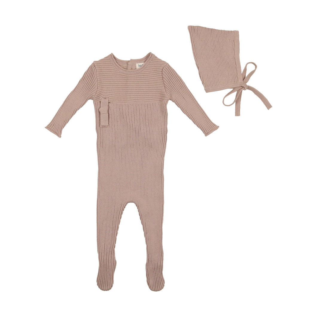 Combination knit footie with bonnet - Cinnamon pink