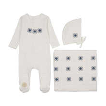 Load image into Gallery viewer, Crochet Patch Layette Set - Ivory and blue
