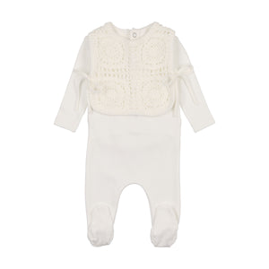 Crochet pullover vest footie and bonnet - white