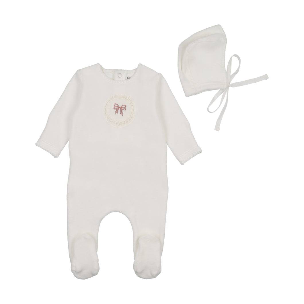 Crochet velour footie and bonnet - chalk white girls