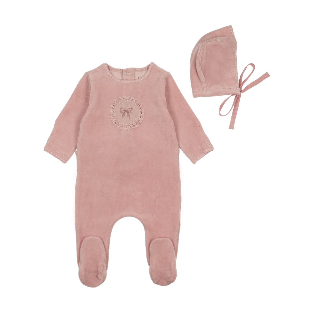 Crochet velour layette set - champagne pink