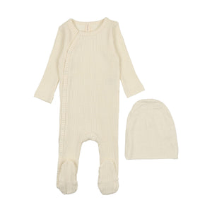 Dotted side snap footie and beanie - Ivory/blue