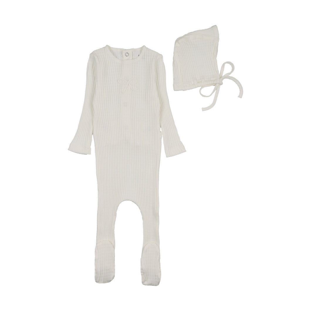 Dainty rope pointelle footie and bonnet - Chalk white