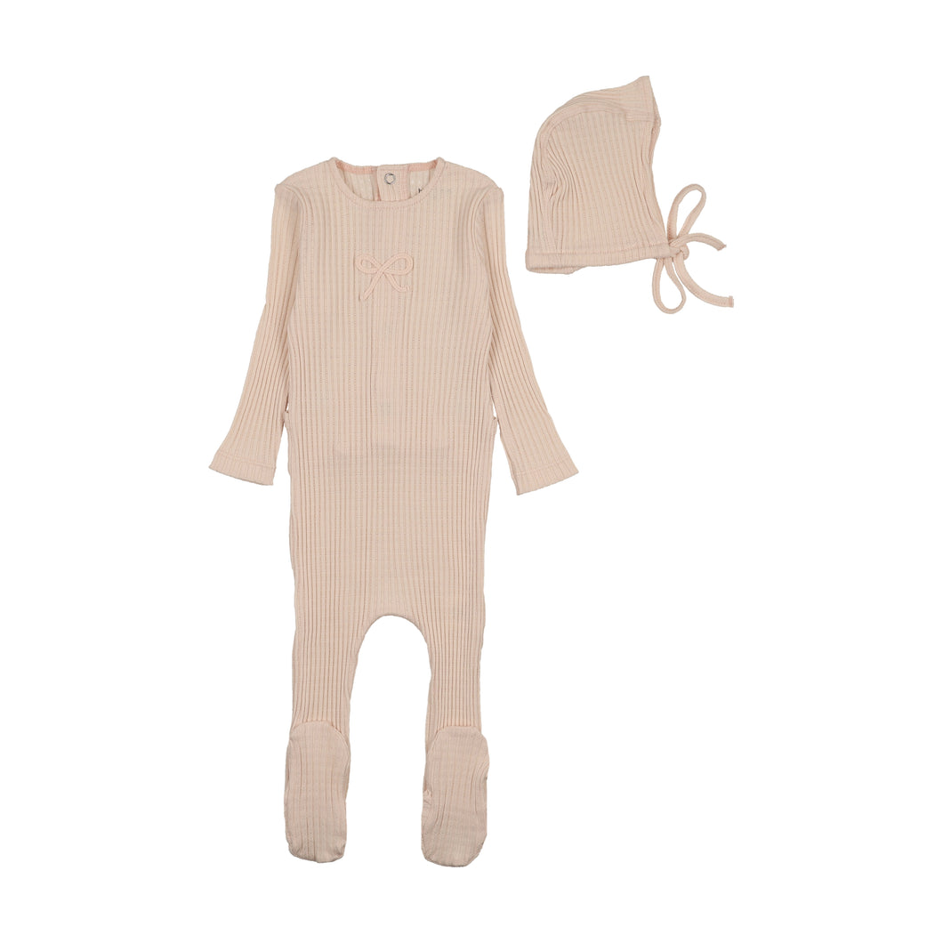 Dainty rope pointelle footie and bonnet - Champagne pink