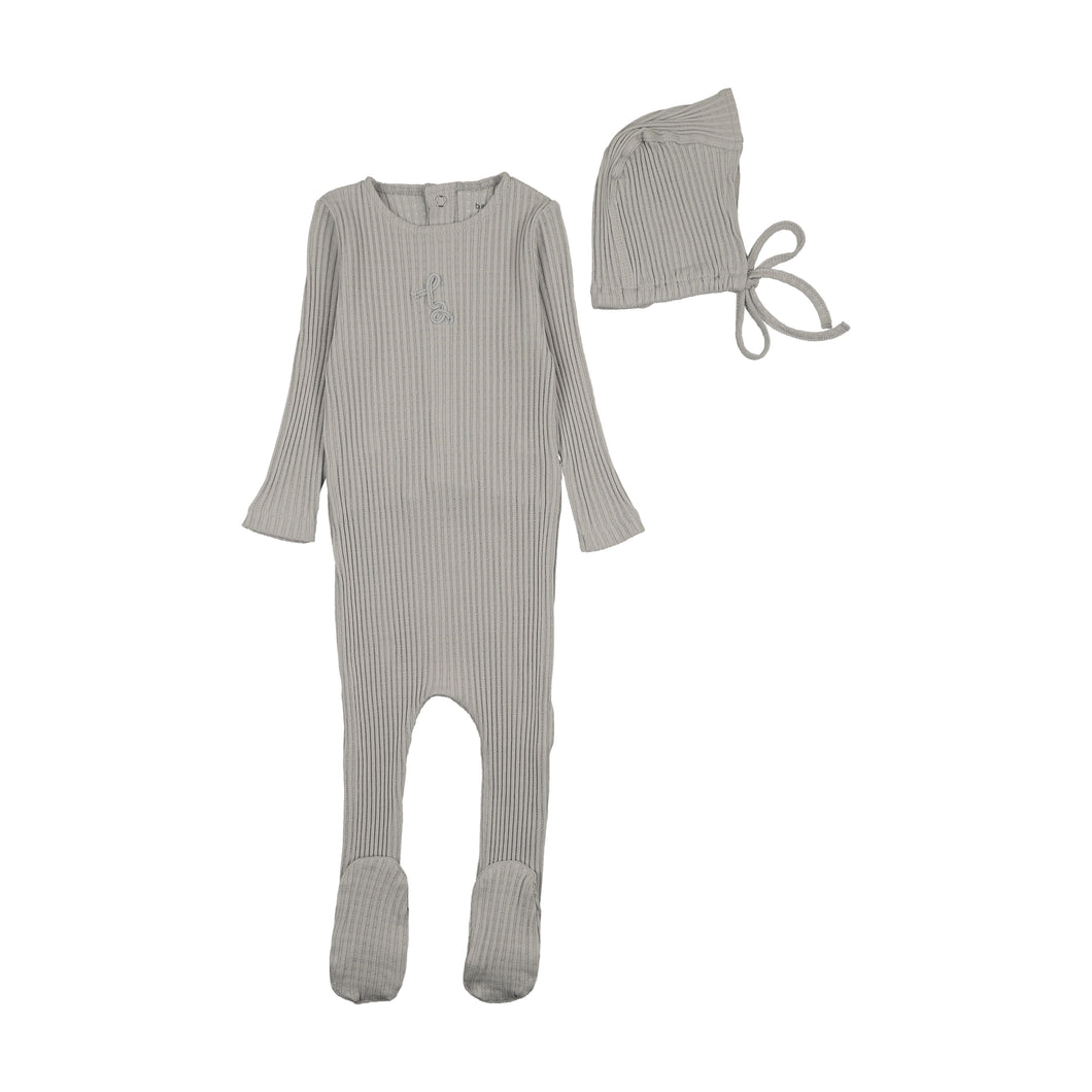 Dainty rope pointelle footie and bonnet - London fog