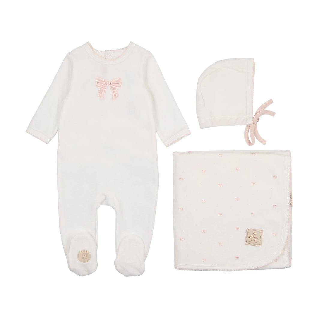 Embroidered bow layette set  - Ivory