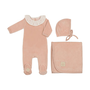 Embroidered ruffle collar layette set - Pink whip