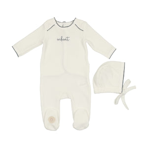 Mon Tresor Enfant Scripted Footie & Bonnet - Blue Mon Tresor Enfant Scripted Footie & Bonnet - Blue