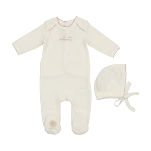 Enfant scripted footie  and bonnet - Ivory and rose