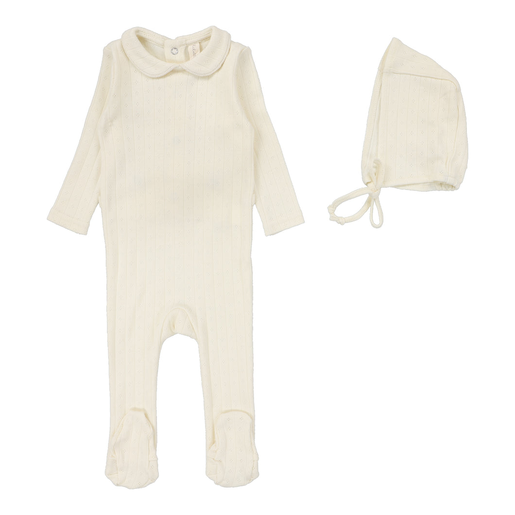 Fine pointelle collar footie set - Cream peter pan