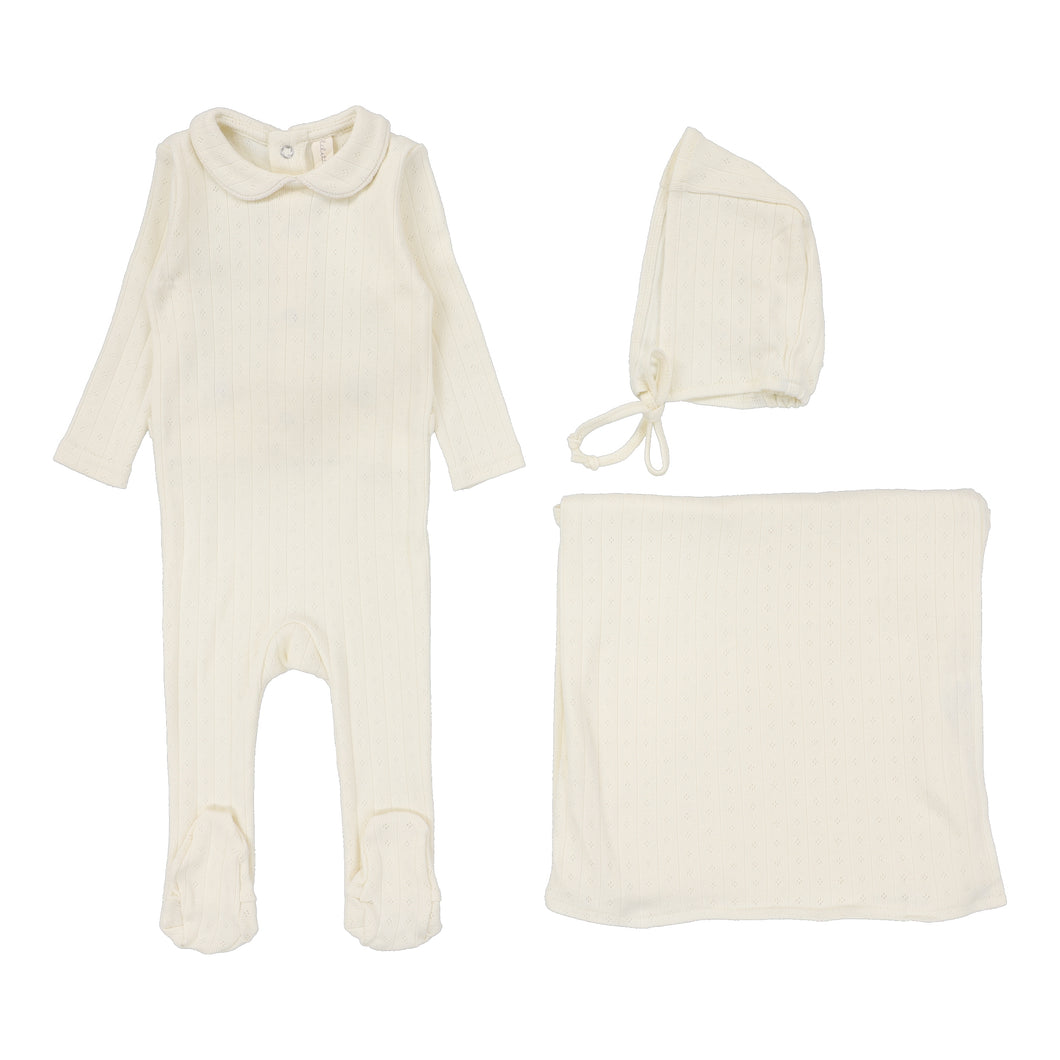 Fine pointelle collar layette set - Cream peter pan