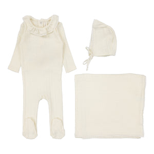 Fine pointelle collar layette set - Cream ruffle