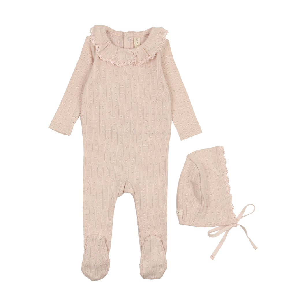 Fine pointelle ruffle collar footie set - Petal