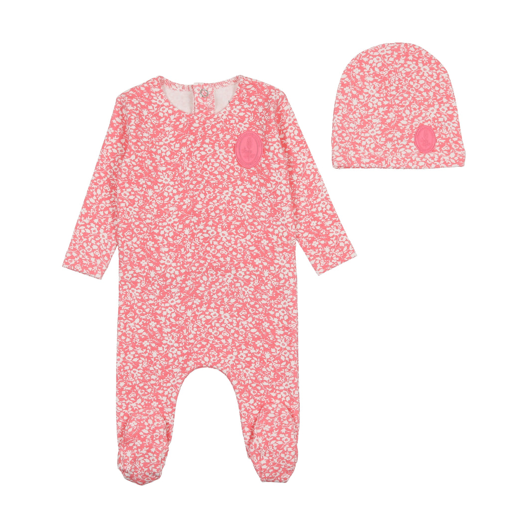Floral crest footie and beanie - rose dust
