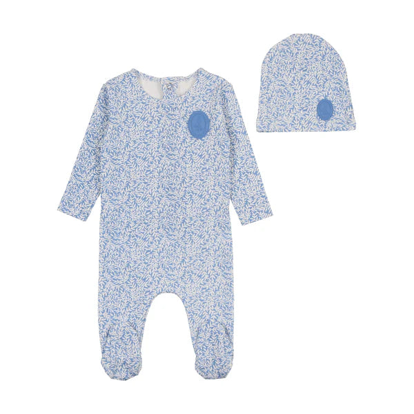 Floral crest footie and beanie - slate blue