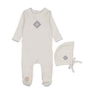 Geo floral footie and hat set - Ivory and blue