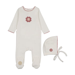 Geo floral footie and hat set - Ivory and pink