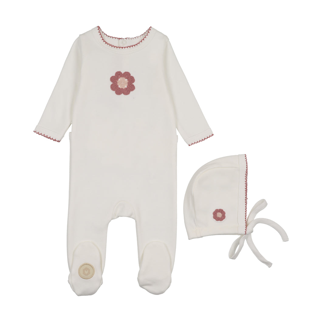 Geo floral footie and hat set - Ivory and pink