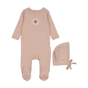 Geo floral footie and hat set - Pink whip