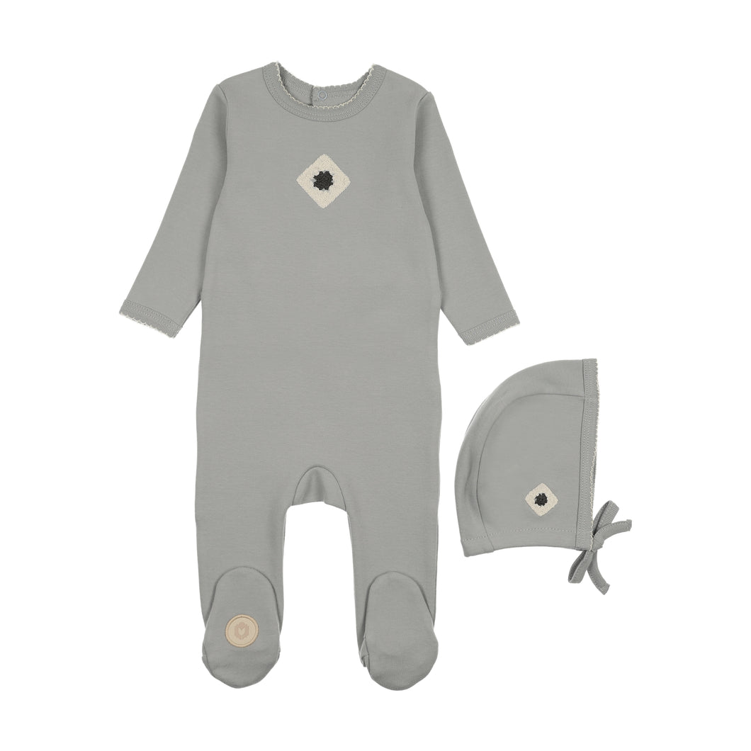 Geo floral footie and hat set - Sapphire blue